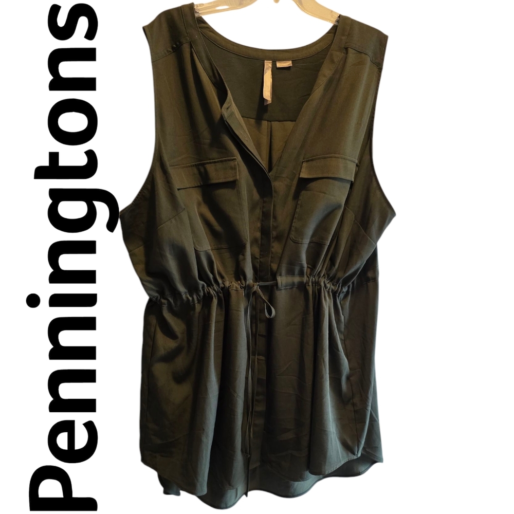 Penningtons Sleeveless Button Up Utility Midi Dress Tie Waist Green Plus Sz 5X